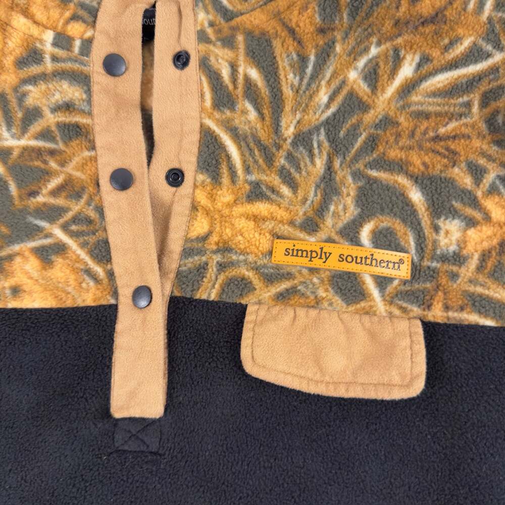 Simply Southern Camo Leaf Fleece Snap Pullover Black Tan Mens Large
